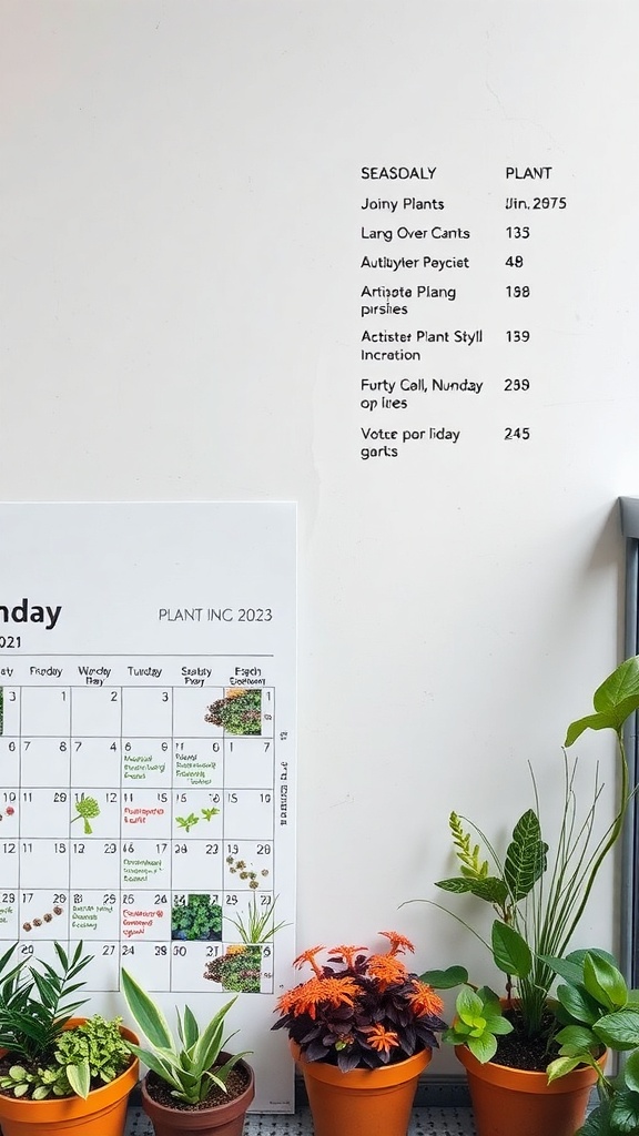 A tiny balcony garden with various potted plants and a calendar for planting schedules.