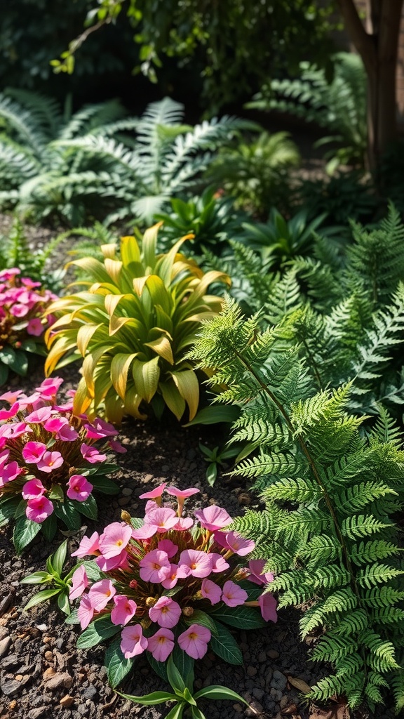 A flower bed featuring pink Impatiens flowers surrounded by lush green ferns and hostas in a shaded area.