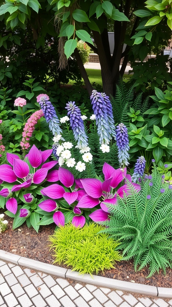 A colorful flower bed featuring purple flowers, hostas, white blooms, and ferns in a shaded area.