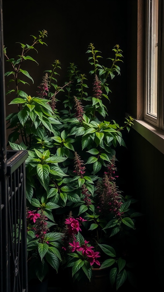 A collection of shade-loving plants on a balcony, featuring vibrant green leaves and colorful flowers.