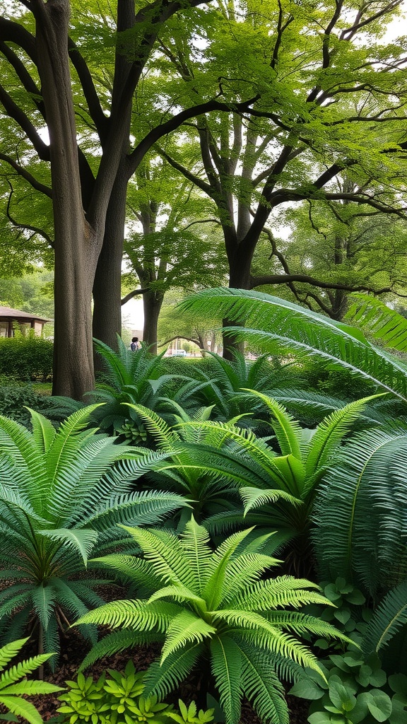 A lush green shade garden featuring ferns and tall trees.