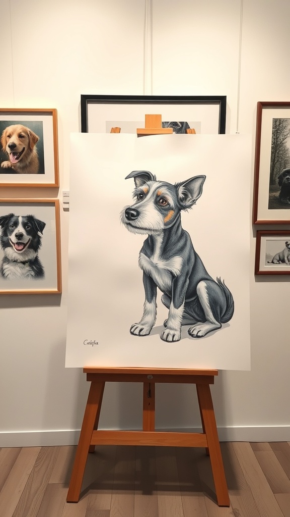 A detailed drawing of a dog displayed in an art gallery with other dog portraits in the background.