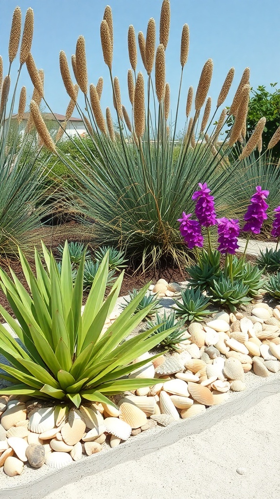 A garden featuring shell and sand edging with vibrant plants