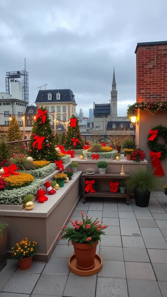 A beautifully decorated roof garden with plants, red bows, and festive ornaments.