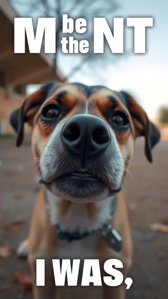 A close-up of a dog's face with a humorous expression and playful text overlay.