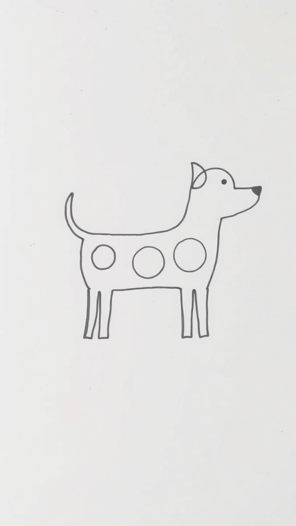 A simple line drawing of a dog using basic shapes like circles and ovals.