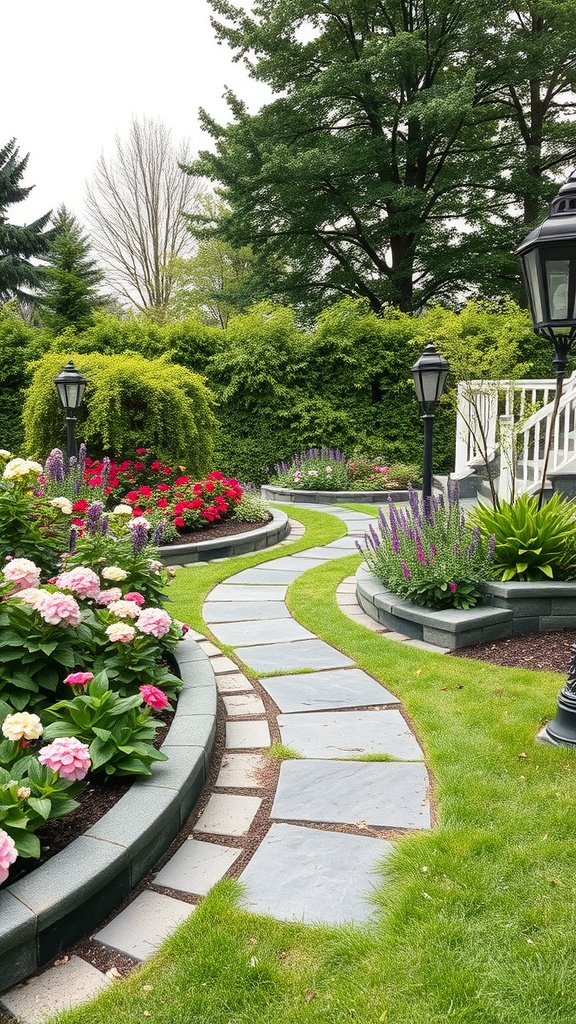 A garden pathway lined with slate stones and colorful flowers, showcasing slate stone edging.