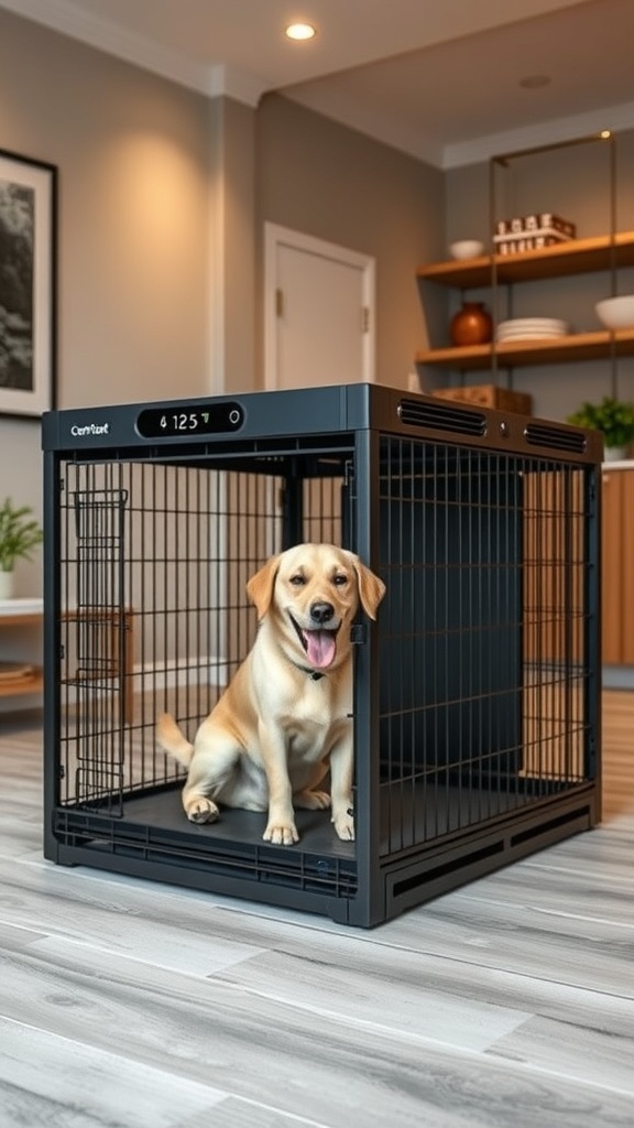 A smart dog crate with a temperature display and a happy dog inside.