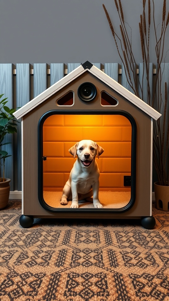 A modern dog house with warm lighting and a speaker, featuring a happy dog inside.