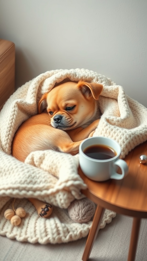 A small dog curled up in a cozy blanket next to a cup of coffee on a wooden table.