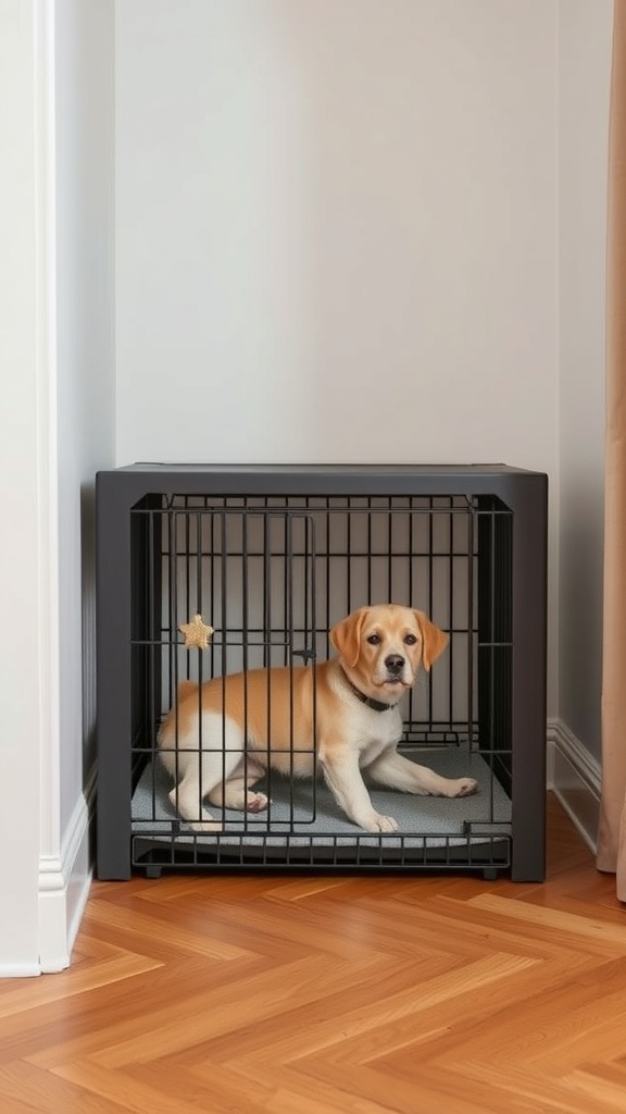 A small dog crate in a corner with a beagle inside, showcasing a modern design.