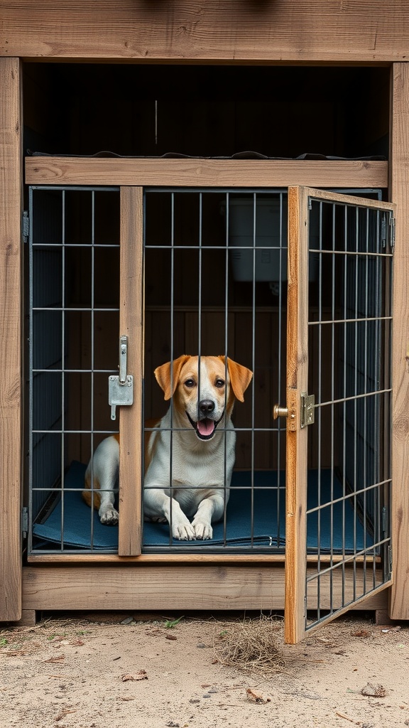 A spacious double-door dog crate with a happy dog inside, featuring a cozy mat and wooden structure.