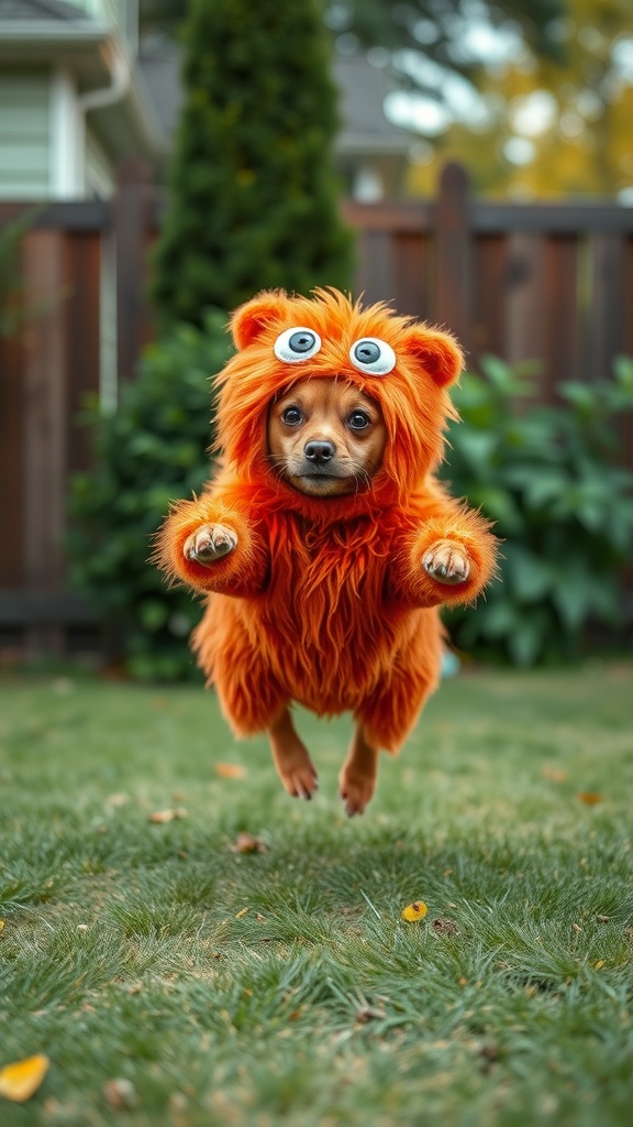 A small dog in a fluffy orange monster costume with googly eyes, jumping in a yard.