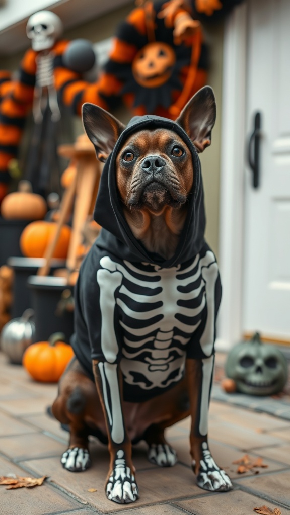 A dog in a skeleton costume sitting in front of Halloween decorations, including pumpkins and a skeleton.