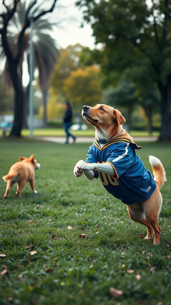 A playful dog in a sports jersey jumping in a park, embodying the spirit of active pups.