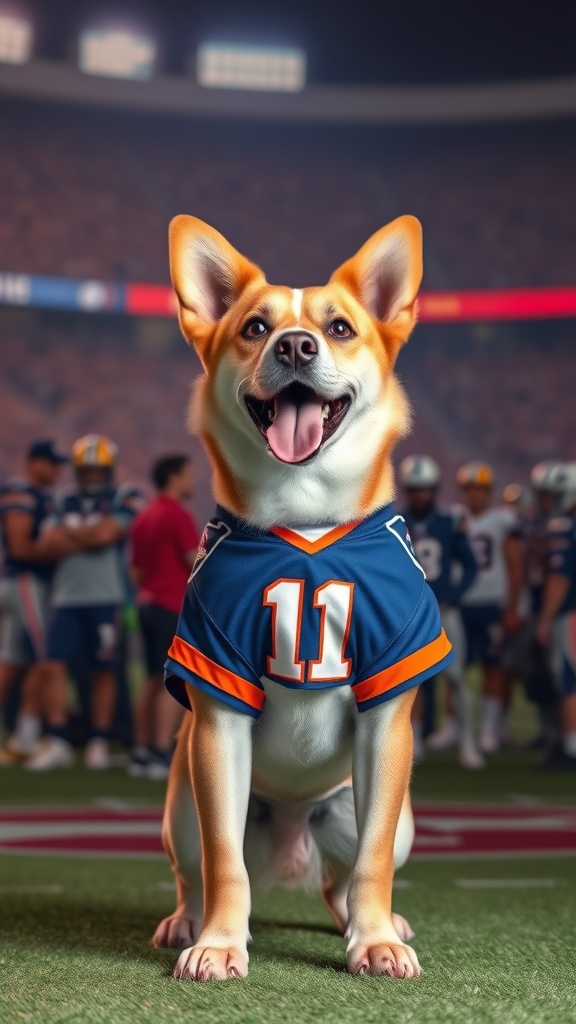 A happy dog wearing a blue and orange sports jersey, sitting on a football field with players in the background.