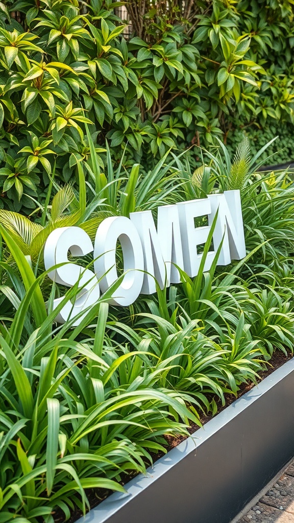 A modern steel garden edging with vibrant green plants