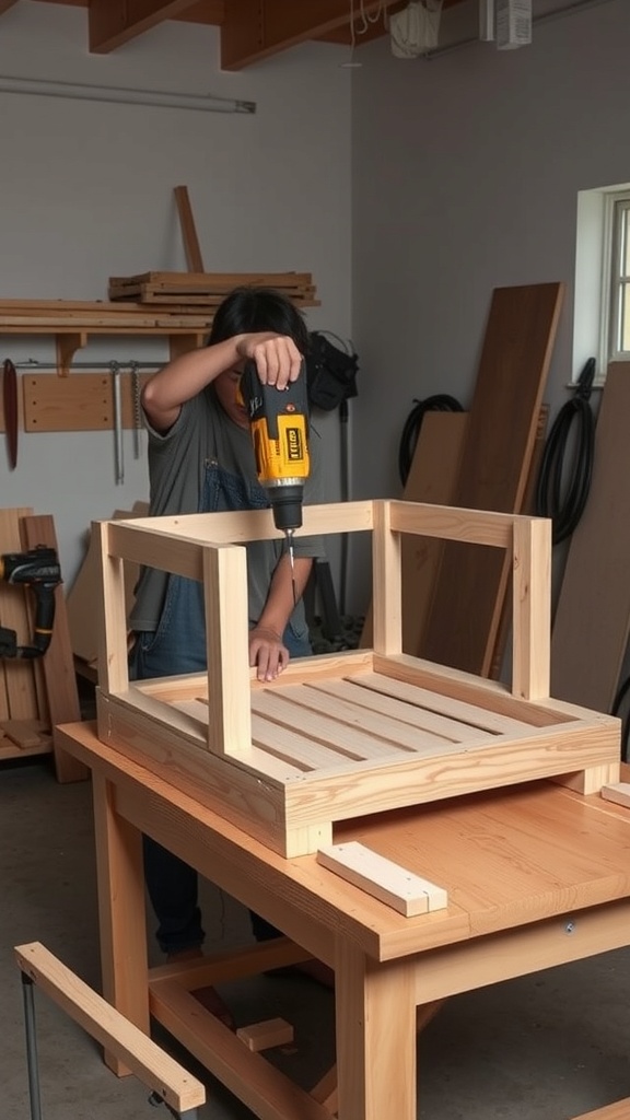 Person assembling an elevated dog bed using a power drill in a workshop