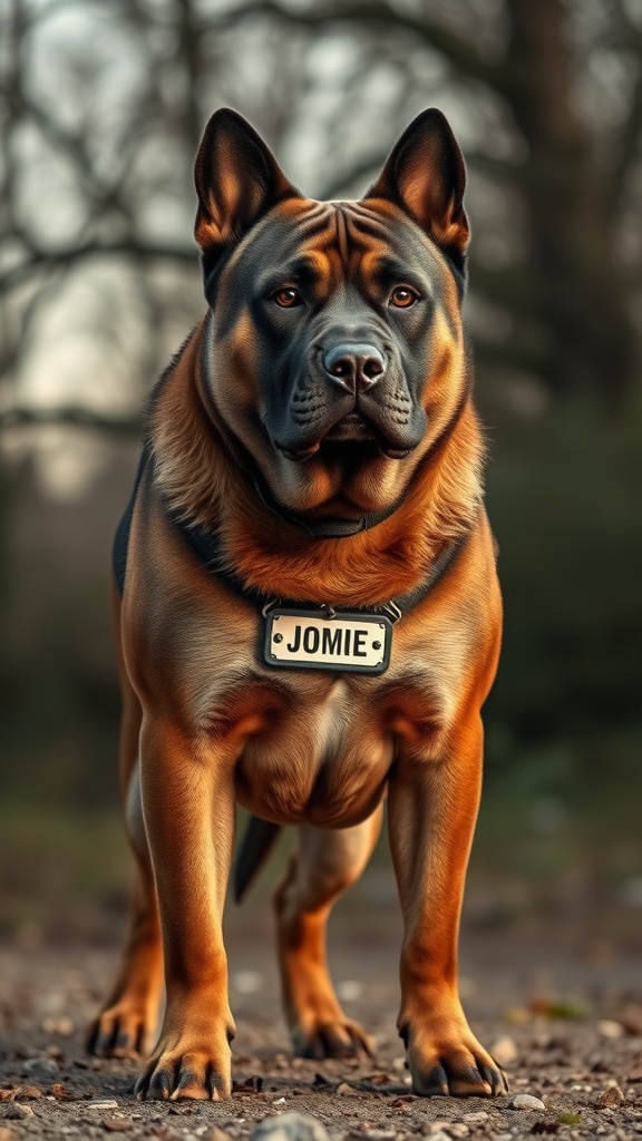 A strong male dog named Jomie, standing confidently outdoors.