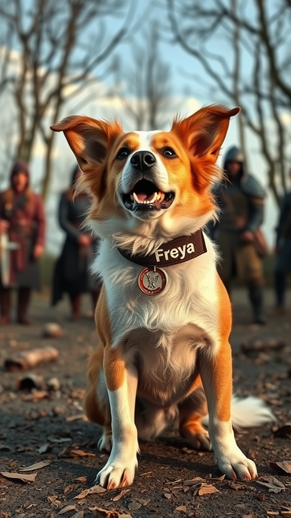 A confident dog named Freya sitting in a forest setting, embodying strength and loyalty.