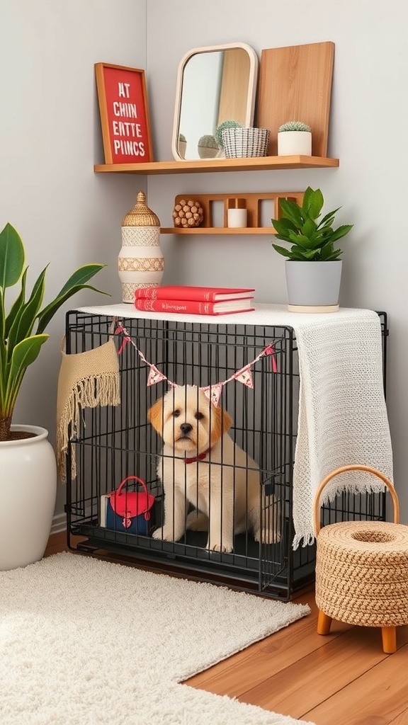 A stylish dog crate decorated with a banner, surrounded by plants and books in a cozy living space.