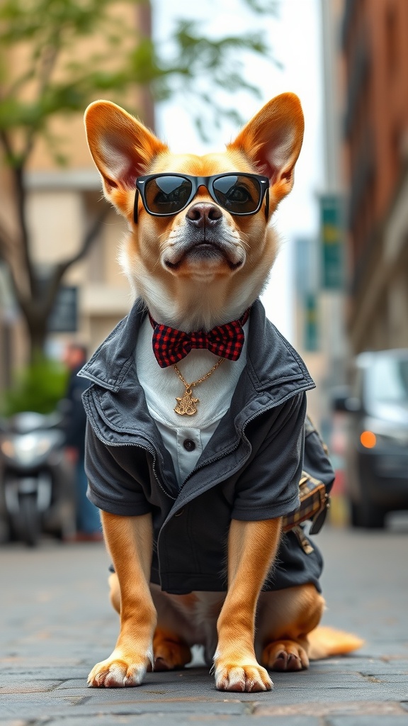A stylish dog wearing sunglasses, a bow tie, and a jacket, sitting confidently on a city street.