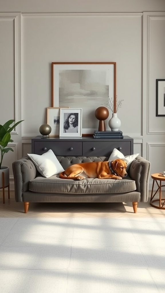 A stylish dog sofa in a modern living room with a dog resting on it.