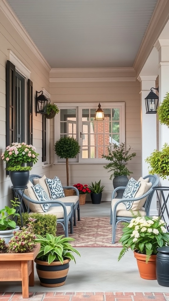 A stylish front porch with comfortable chairs, vibrant plants, and decorative lighting.