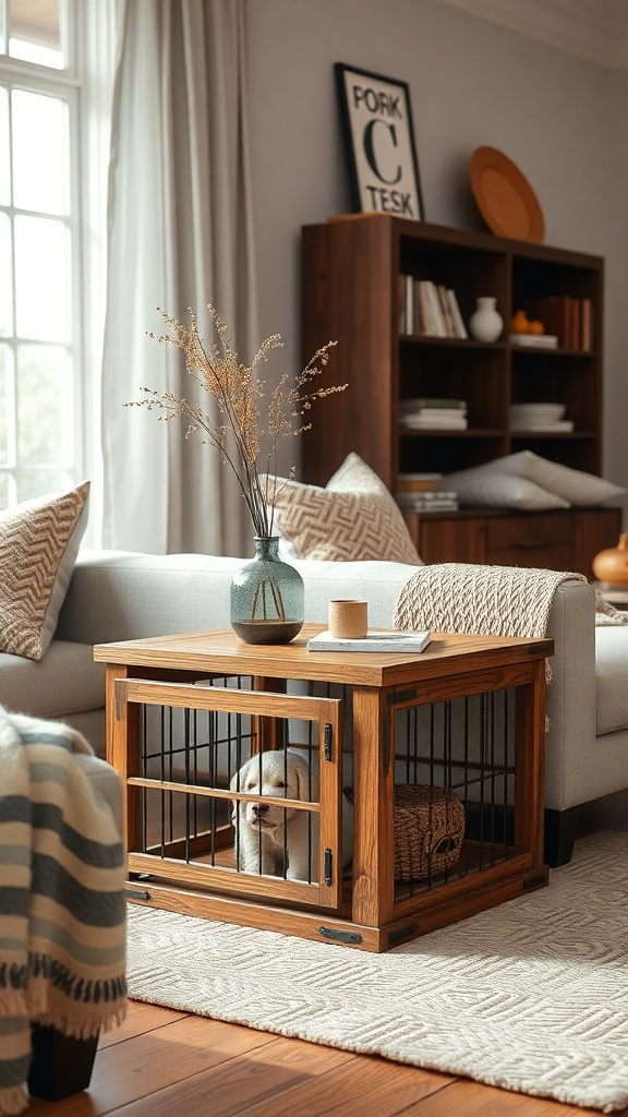 A stylish wooden dog crate serving as furniture in a cozy living room.