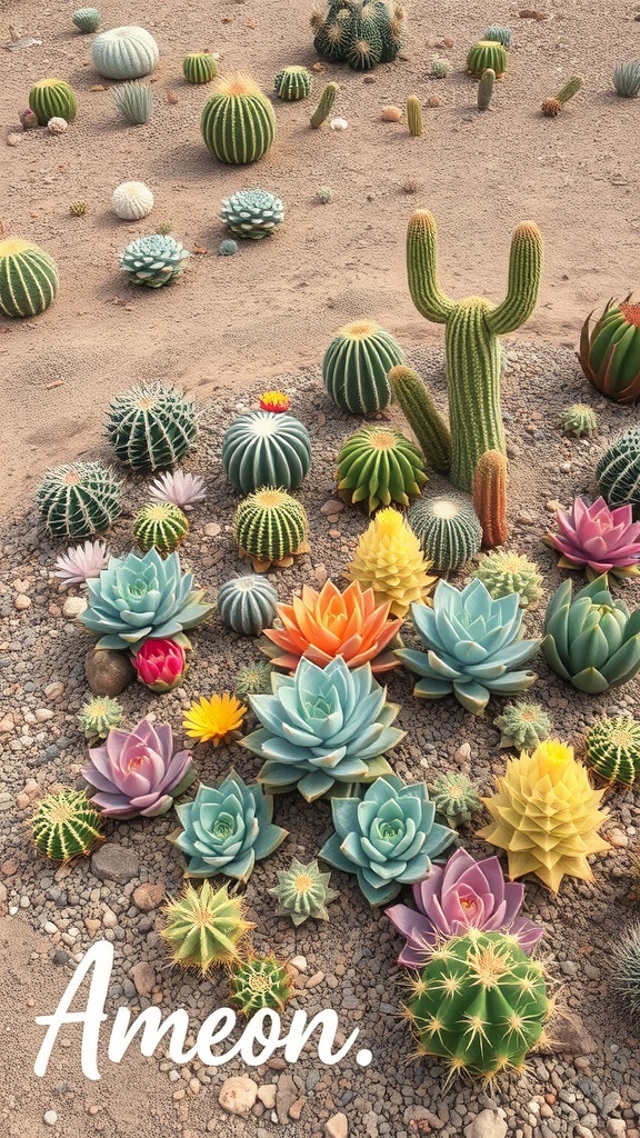 A colorful arrangement of succulents and cacti in a sandy setting.