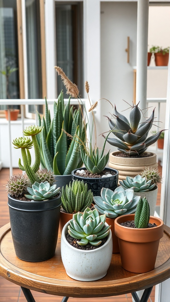 A variety of succulents displayed on a wooden table, showcasing different shapes and colors in stylish pots.