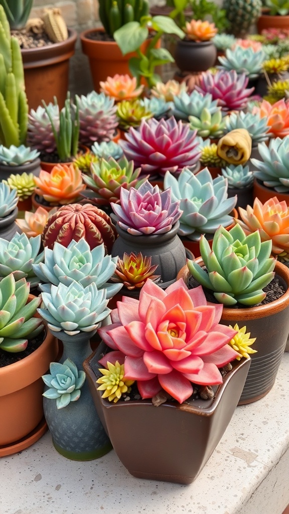 A colorful display of various succulents in different pots, showcasing their unique shapes and colors.