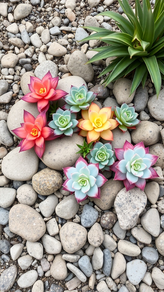 Colorful succulents arranged among smooth stones in a rock garden