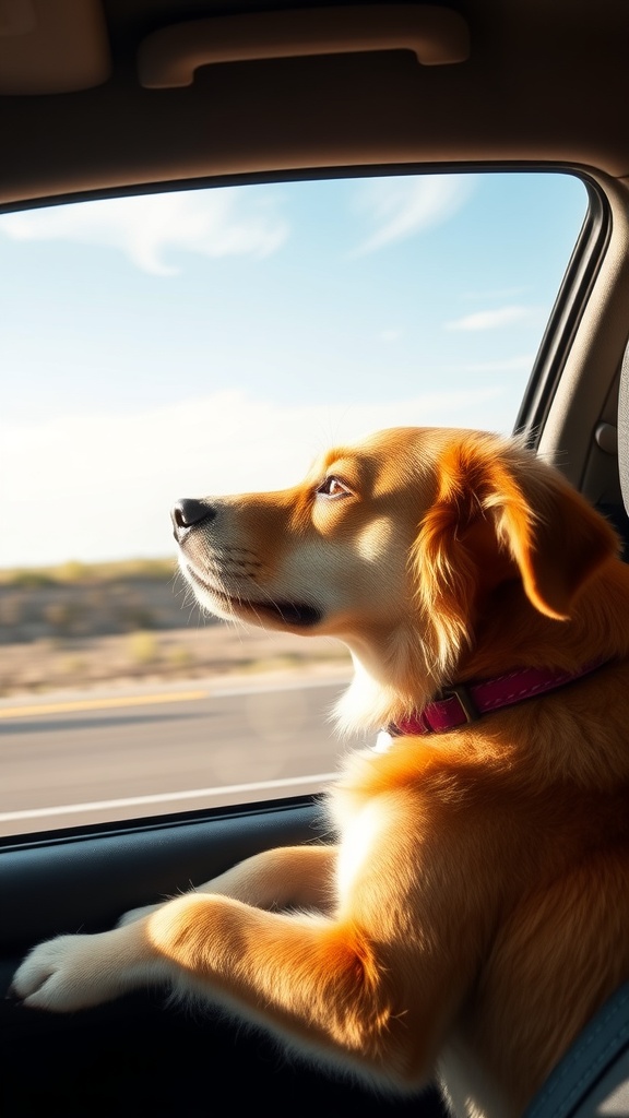 A golden dog looking out the car window during a road trip.