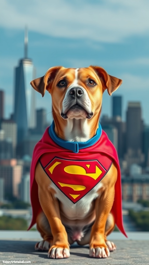 A dog wearing a superhero cape with a city skyline in the background.