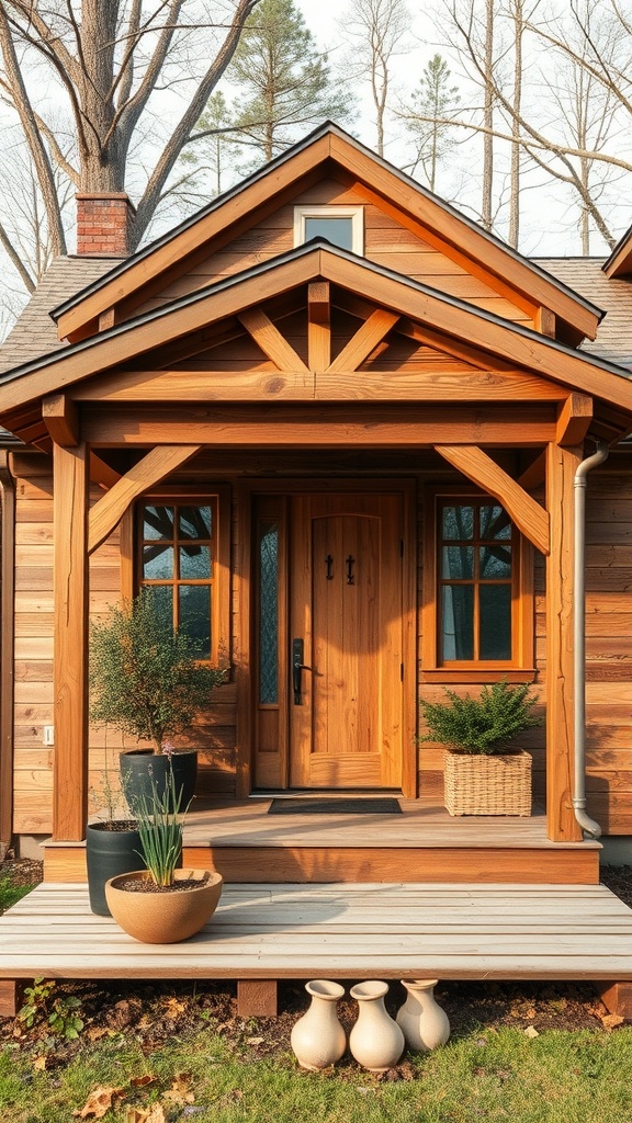 A wooden house entrance with a porch, showcasing sustainable building materials.