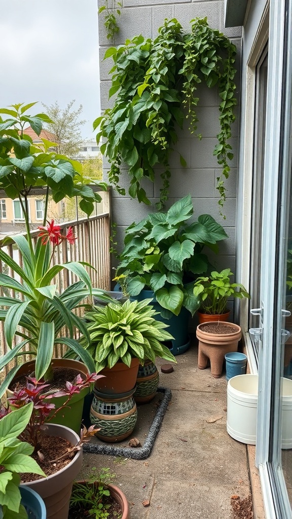 A small balcony garden filled with various plants in pots, showcasing sustainable gardening practices.