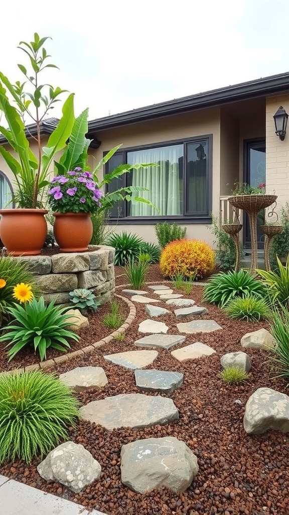 A beautifully landscaped front yard featuring a stone pathway, colorful plants in pots, and a variety of greenery.