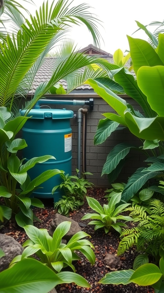 A tropical garden featuring a rainwater collection tank surrounded by lush green plants.
