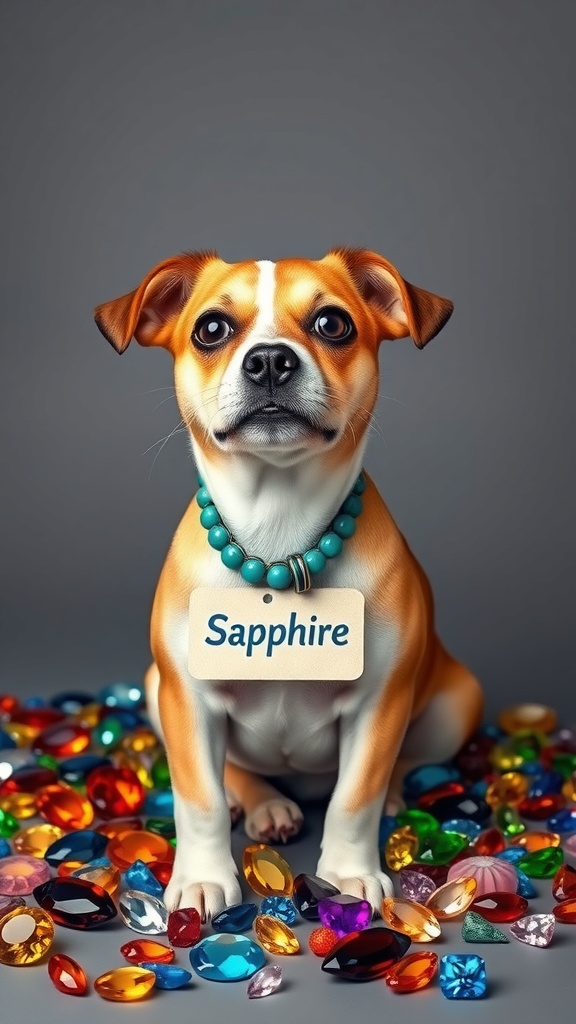 A dog named Sapphire sitting among colorful gemstones.