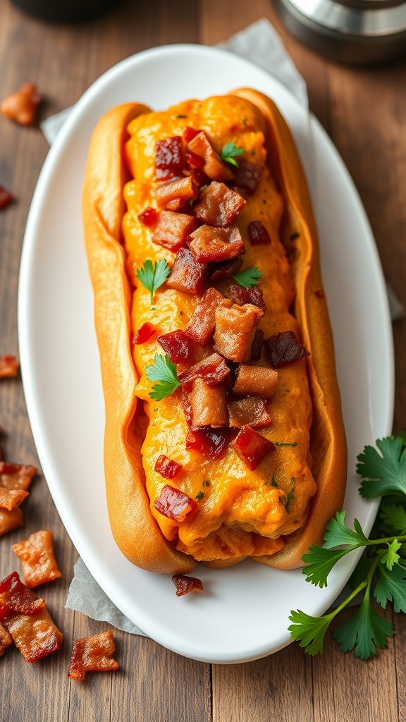A sweet potato and bacon dog cake shaped like a hot dog, topped with crispy bacon bits and garnished with parsley.