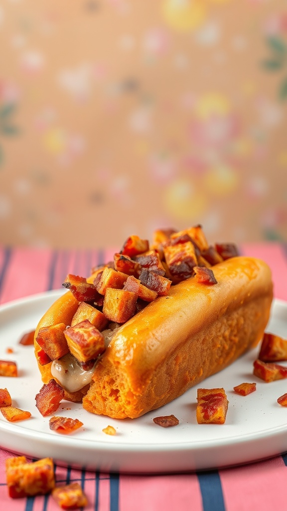 A sweet potato and bacon dog cake topped with crispy bacon bits