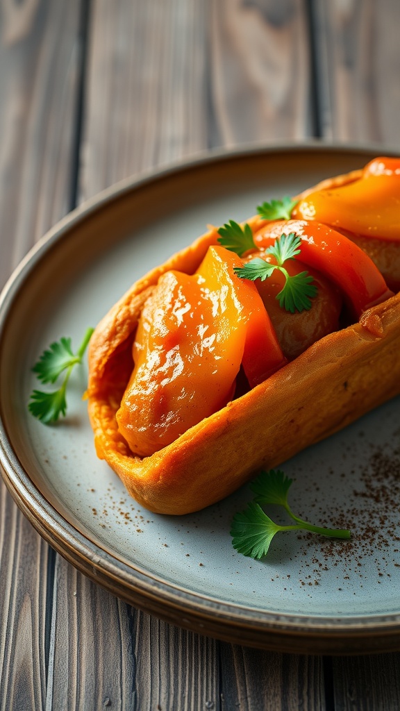 A delicious sweet potato and chicken bake for dogs, garnished with bell peppers and cilantro.