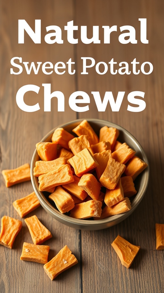 Bowl of natural sweet potato chews on a wooden surface