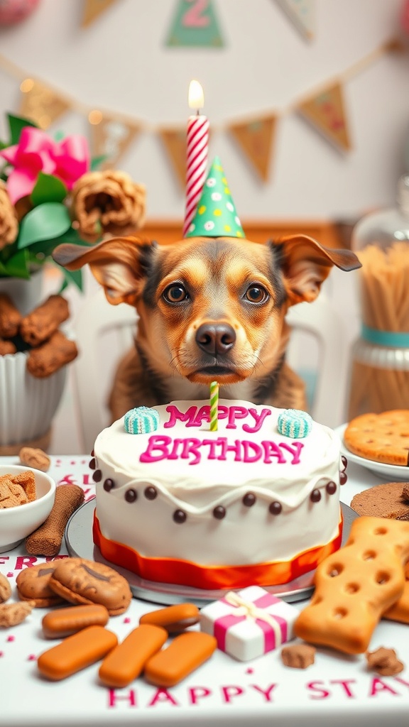 A dog wearing a party hat sitting in front of a birthday cake with treats around it.