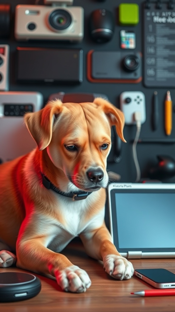 A dog sitting in front of various tech gadgets, including cameras, a tablet, and a smartphone.