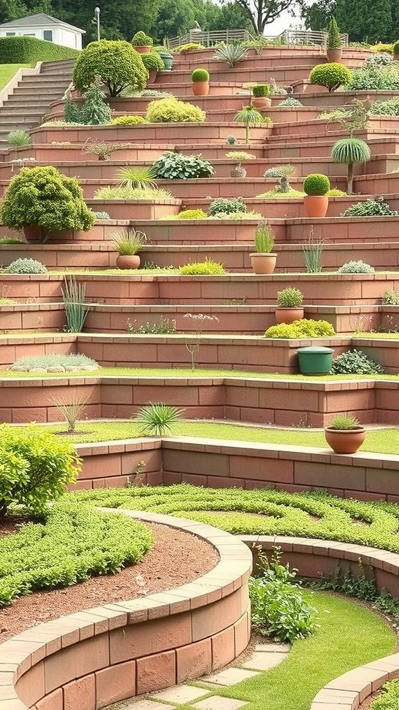 A terraced garden with multiple levels, featuring various plants and decorative pots.