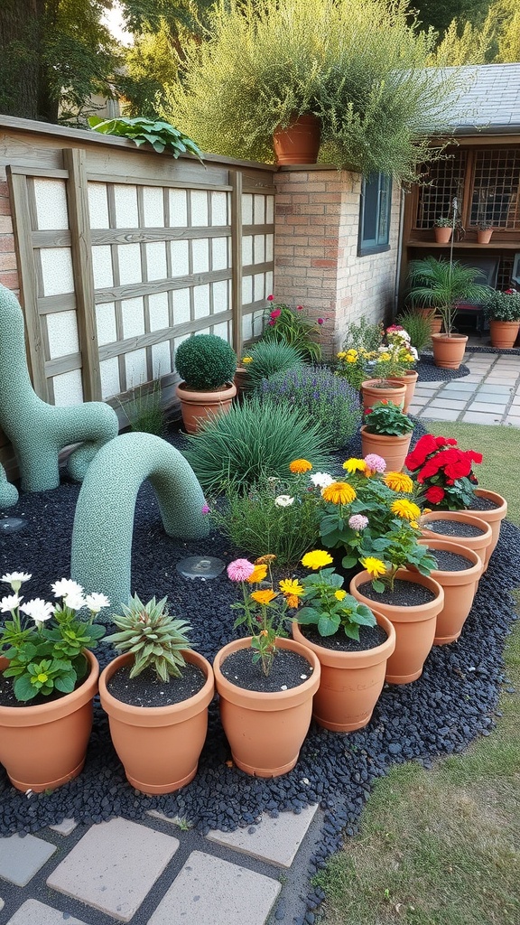 A garden with terracotta pots filled with flowers, creating a border along a pathway.