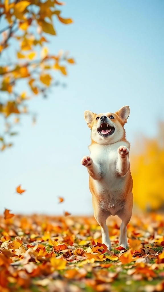A joyful dog jumping in a pile of autumn leaves.