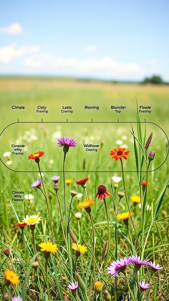 A vibrant wildflower meadow with various flowers and a climate impact chart.